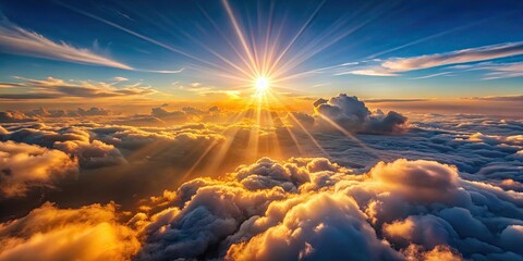 Fototapeta premium Sunset sun rays shining above fluffy clouds during a breathtaking flight, sunset, sun rays, above clouds, fly, aerial view