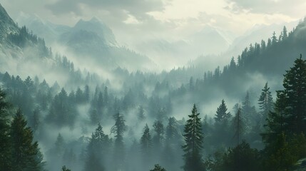 Obraz premium Misty Mountain Forest Enveloped In Fog