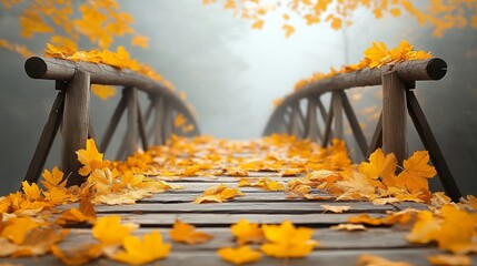 Wooden bridge over a serene stream surrounded by vibrant golden autumn leaves in a peaceful forest setting