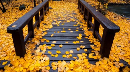 Wooden bridge adorned with golden autumn leaves over a serene stream on Earth Day