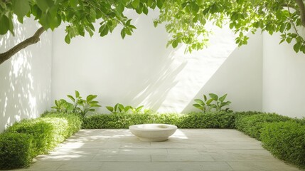 Tranquil courtyard garden with a small fountain and neatly trimmed hedges for Earth Day celebration