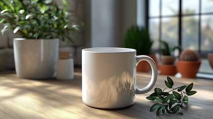 Cozy Morning Scene with Coffee Mug and Indoor Plants by Sunlit Window : Generative AI