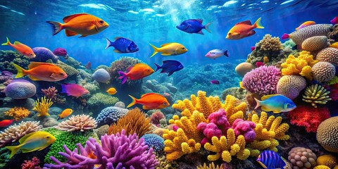 A mesmerizing underwater scene with colorful fish swimming among vibrant coral reefs, underwater, landscape, fish