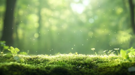 Serene forest clearing with soft moss and sunlight beams highlighting nature on Earth Day