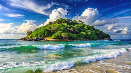 Beautiful seascape view with waves and tropical island in Phuket, Thailand, seascape, sea surface, waves