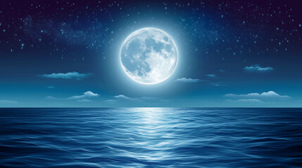 beautiful of full moon on blue ocean at night for background