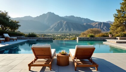 Luxury poolside area with mountain view. Wooden lounge chairs, large swimming pool. Relaxing, tranquil outdoor space. Ideal for vacation resort. Stylish furniture complements beautiful surroundings.