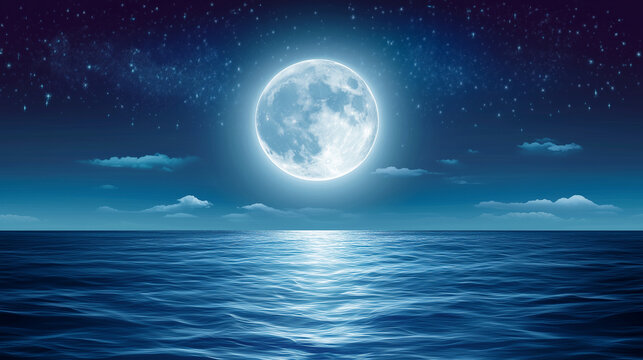 beautiful of full moon on blue ocean at night for background