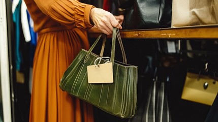 Naklejka premium Holding a leather purse in a boutique, highlighting sustainable fashion choices for Earth Day