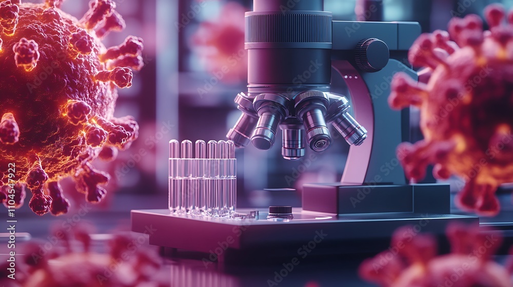 Fototapete microscopic view of virus particles and laboratory microscope in scientific research setting : gener