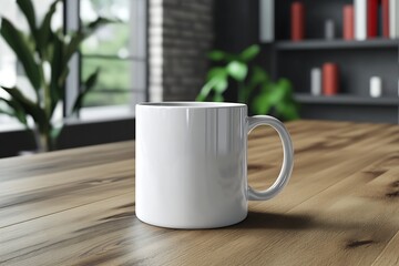 Stylish white ceramic coffee mug on wooden table with bookshelf : Generative AI