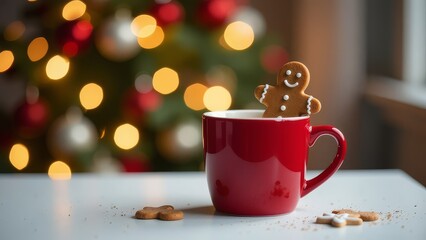 Gingerbread Man in a Red Mug on the Background of a Christmas Tree