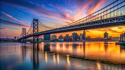 Fototapeta premium Ben Franklin Bridge in Philadelphia glowing in the sunset , bridge, Philadelphia, sunset, skyline
