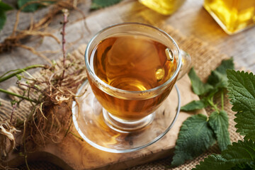 A cup of nettle tea with fresh root and leaves