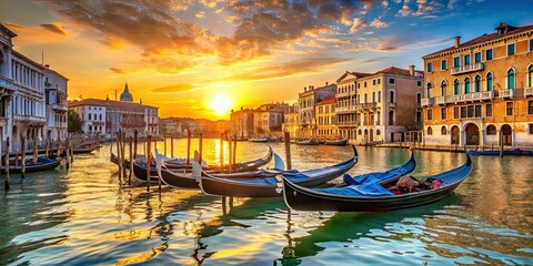 Naklejka premium Sunny evening in Venice with gondolas on the Grand Canal, Venice, Italy, sunset, water, canals