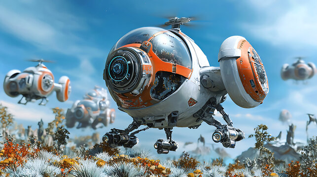 Futuristic drone technology in vibrant alien landscape, showcasing advanced design and innovation. scene captures sense of exploration and discovery