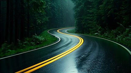 Obraz premium A rain soaked forest road illuminated by sudden lightning, eerie shadows among dense trees, mist adding to the atmosphere, creating tension and isolation, eerie forest, fear and isolation