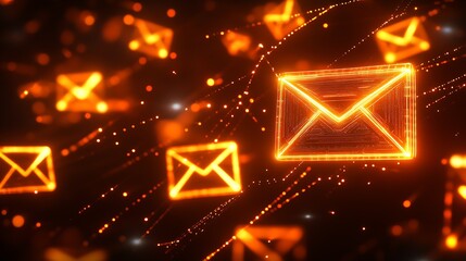 Glowing Neon Email Icon Network in Motion on Dark Animated Background : Generative AI