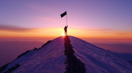A remote dirt trail, covered in rubble and deep ruts, a lone figure reaches a summit, raising a flag as the dawn breaks, symbolizing triumph over adversity