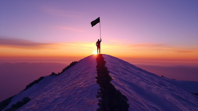A remote dirt trail, covered in rubble and deep ruts, a lone figure reaches a summit, raising a flag as the dawn breaks, symbolizing triumph over adversity