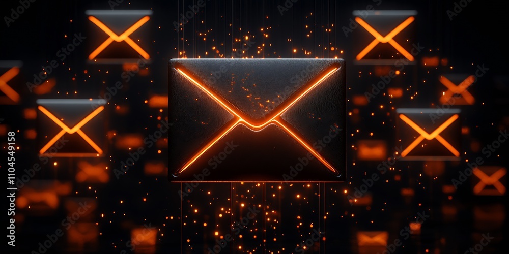 Poster Glowing Orange Email Icons Floating in a Dark Digital Environment : Generative AI
