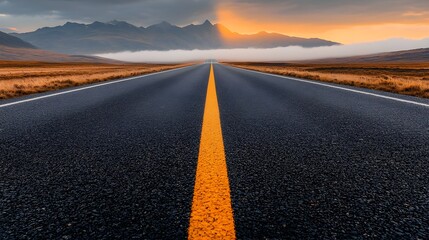 Fototapeta premium A road disappearing into a massive, seemingly impassable fog bank, but beyond it, faint rays of sunlight break through, symbolizing the hidden success after confronting uncertainty