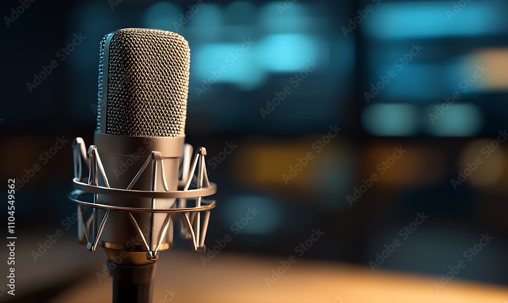 Poster Close-Up of a Modern Microphone in a Dimly Lit Recording Studio Environment : Generative AI