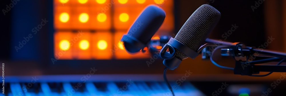Poster Studio microphones in vibrant setting ideal for podcast creation and audio recording solutions : Generative AI