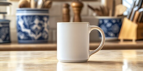 Minimalist White Ceramic Mug on Kitchen Counter Surrounded by Blue Pottery in Sunlit Setting : Generative AI