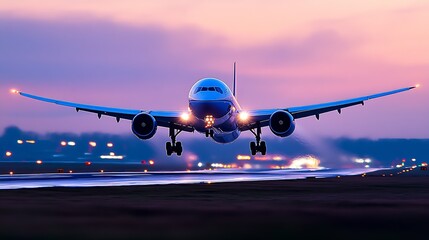 Naklejka premium Passenger Jet Plane Touchdown at Dusk with Fiery Runway Lights and Motion Blur Effect : Generative AI