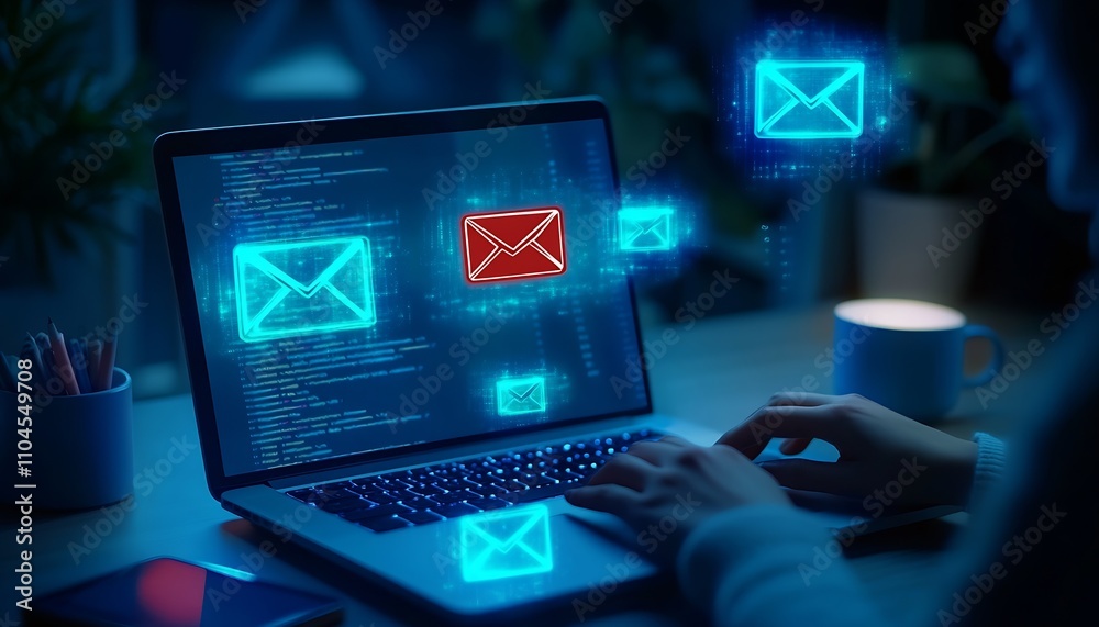 Aufkleber Digital Communication Concept with Glowing Email Icons and Programming Code : Generative AI