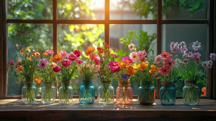 A vibrant display of flowers in jars on a windowsill, capturing nature's beauty indoors.