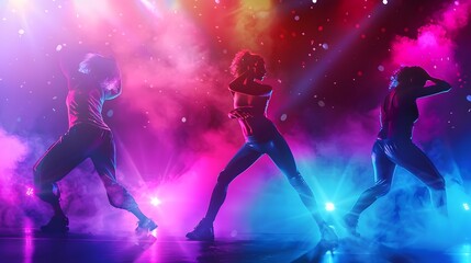 Fototapeta premium Three Female Dancers Performing Energetic Choreography