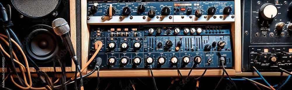 Aufkleber Close-Up of Professional Audio Equipment in Music Studio with Various Controls and Microphone : Generative AI