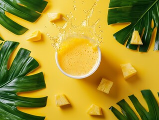 Overhead view of pineapple juice in a plastic cup, vibrant juice splash with pineapple pieces, surrounded by tropical leaves, bright and fresh