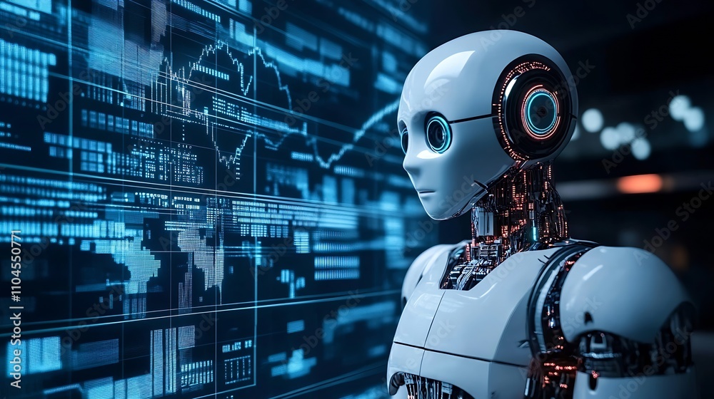 Fototapete Humanoid Robot Interpreting Graphs in Modern Technological Setting with Digital Screen : Generative AI