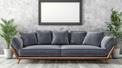A modern living room featuring a gray couch and decorative plants against a textured wall.