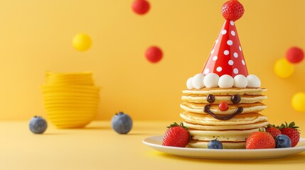 Pancake stack with a cheerful clown face, strawberry hat, blueberry eyes, and chocolate smile, festive for birthday or party menu