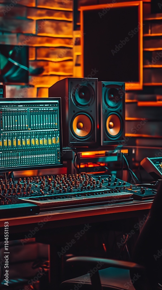Poster modern audio production facility with professional sound engineering setup : generative ai
