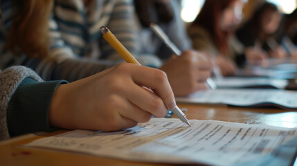 hands of students writing on paper. The photo is taken in close-up, focusing on the writing process.  