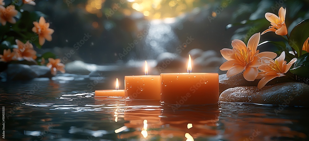 Aufkleber peaceful water oasis with illuminated candles and blossoms by a cascading waterfall : generative ai