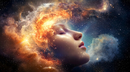 surreal depiction of woman with cosmic elements, representing dreams and imagination. vibrant colors and ethereal atmosphere evoke sense of wonder and exploration