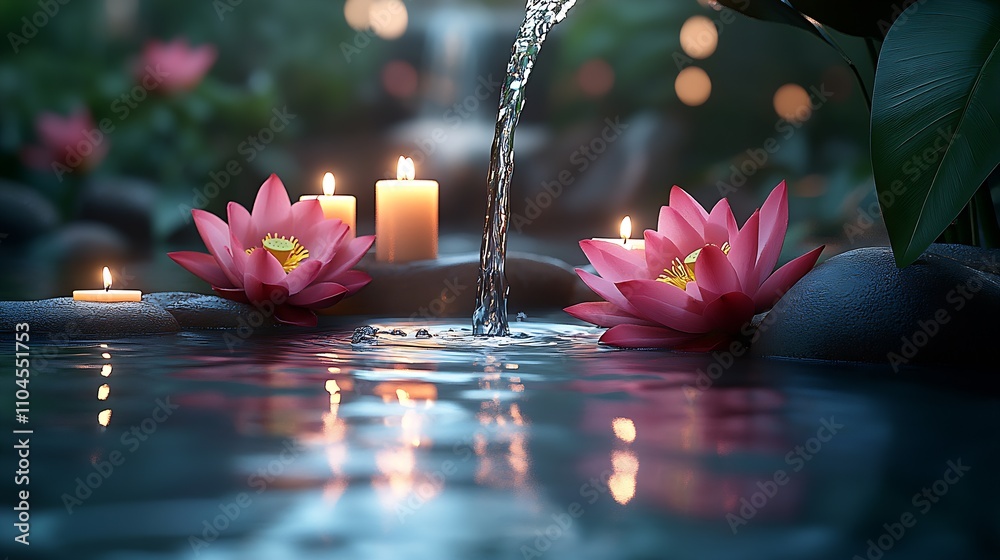 Poster zen pond with flowing water lotus blossoms and candlelight in a serene and relaxing garden setting :