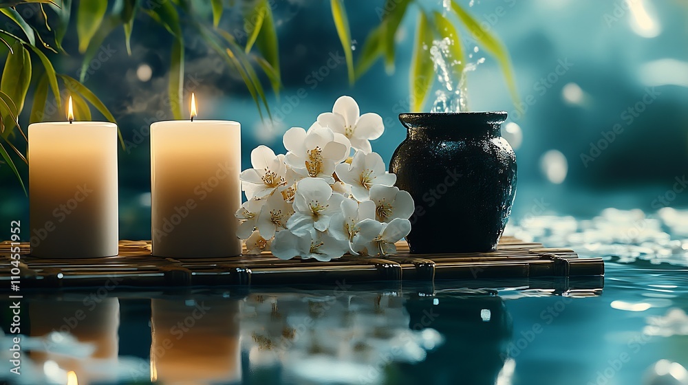 Poster serene spa setting with candles flowers and water for relaxation meditation : generative ai