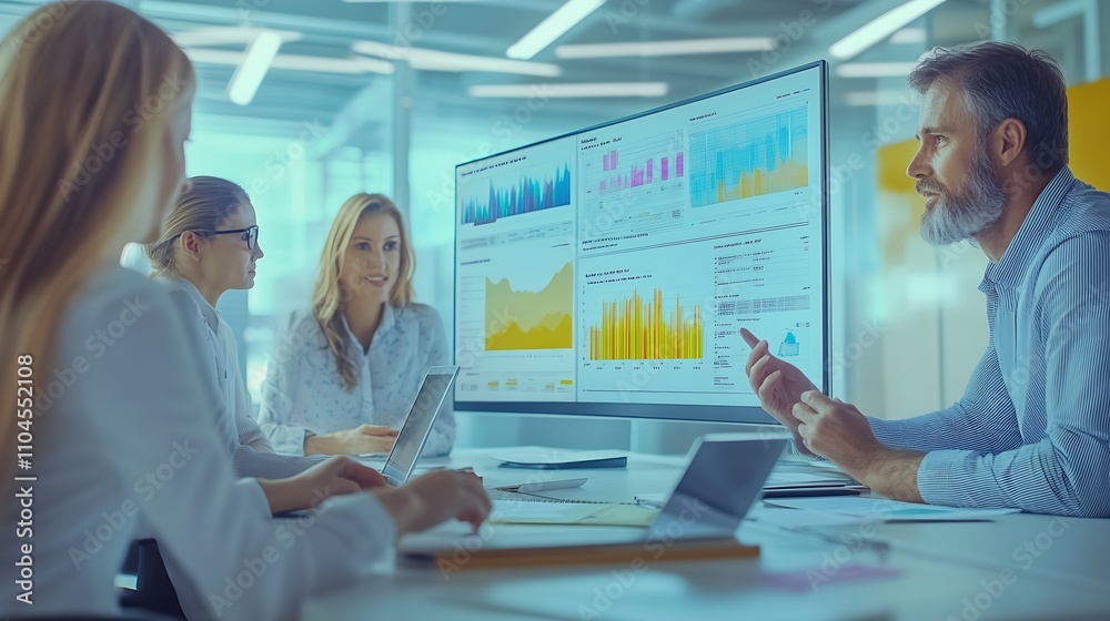 Poster collaborative business meeting focusing on data analysis and strategy in office environment : genera