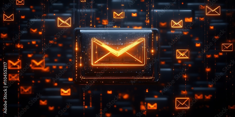 Aufkleber futuristic neon email symbols in a digital cyber space : generative ai