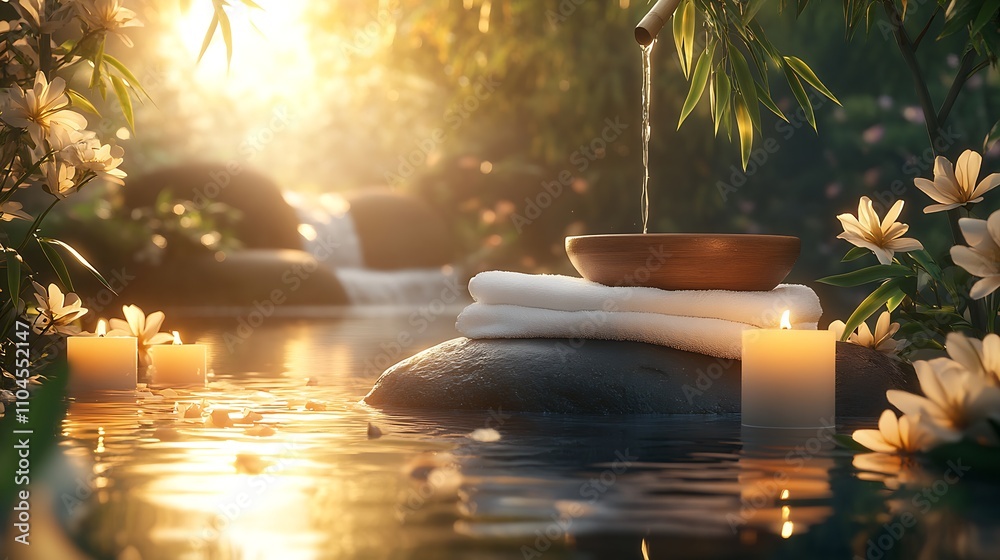 Poster calm waterside spa scene with candle glow and delicate flowers : generative ai