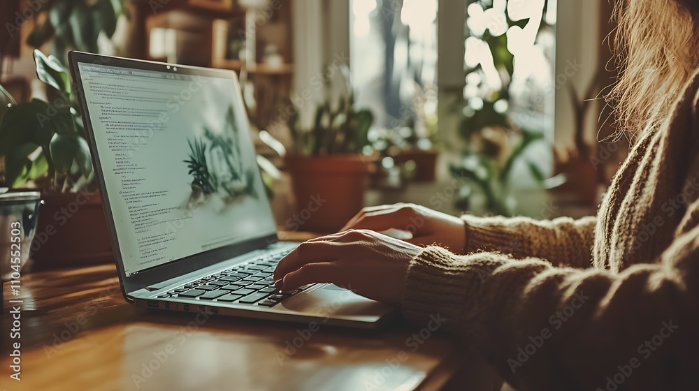 Poster Freelancer Immersed in Coding Project on Laptop at Serene Green Workspace with Sunlit Indoor Plants : Generative AI
