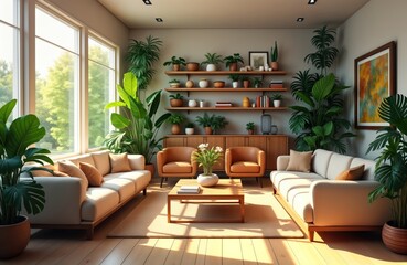 Fototapeta premium Cozy living room with natural light. Plants add a touch of nature. Modern furniture. Empty space for a relaxed feel. Sunlight streams into a modern interior.