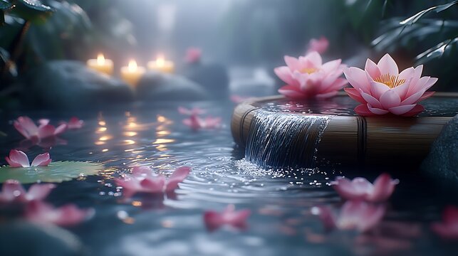 Tranquil Bamboo Fountain with Pink Lotus Blossoms and Candlelit Reflection in Peaceful Garden : Generative AI